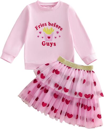 Toddler Baby Girls Valentine's Day Outfits Be Mine and Bow Embroidery Sweatshirt Tops+Rainbow Tutu Skirt 2Pcs Clothes in Kuwait