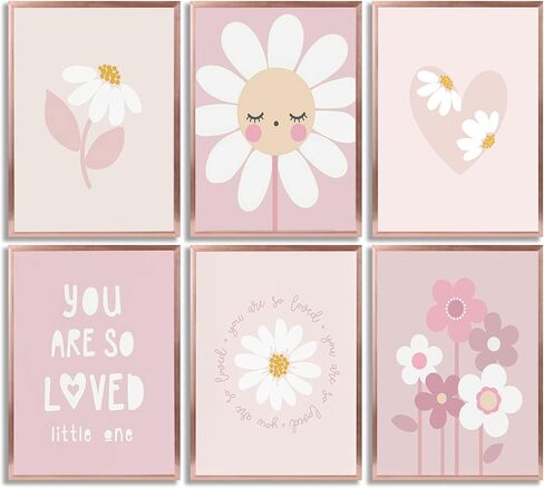 6 قطع من ملصقات الزهور الوردية للفتيات من القماش الكتاني لغرف الأطفال وزهرة الأقحوان البرية ومطبوعات لوحات بوهو لغرفة الأطفال وديكور الحائط للفتيات وغرفة المعيشة وغرفة النوم وتزيين المنزل بدون إطار in Kuwait