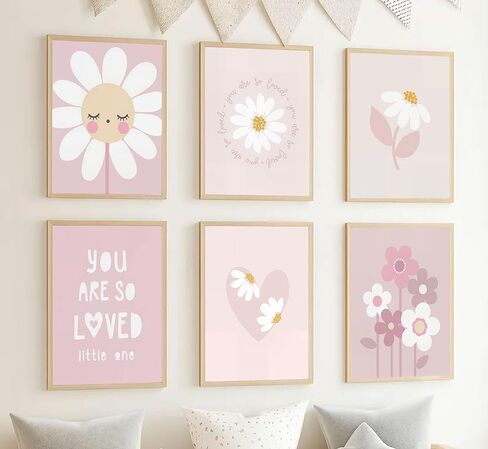 6 قطع من ملصقات الزهور الوردية للفتيات من القماش الكتاني لغرف الأطفال وزهرة الأقحوان البرية ومطبوعات لوحات بوهو لغرفة الأطفال وديكور الحائط للفتيات وغرفة المعيشة وغرفة النوم وتزيين المنزل بدون إطار in Kuwait