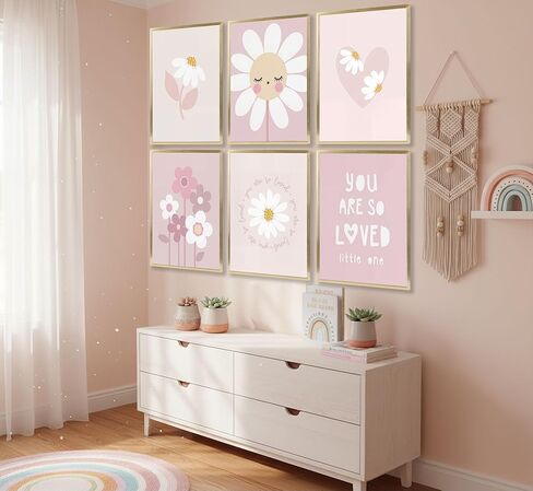 6 قطع من ملصقات الزهور الوردية للفتيات من القماش الكتاني لغرف الأطفال وزهرة الأقحوان البرية ومطبوعات لوحات بوهو لغرفة الأطفال وديكور الحائط للفتيات وغرفة المعيشة وغرفة النوم وتزيين المنزل بدون إطار in Kuwait