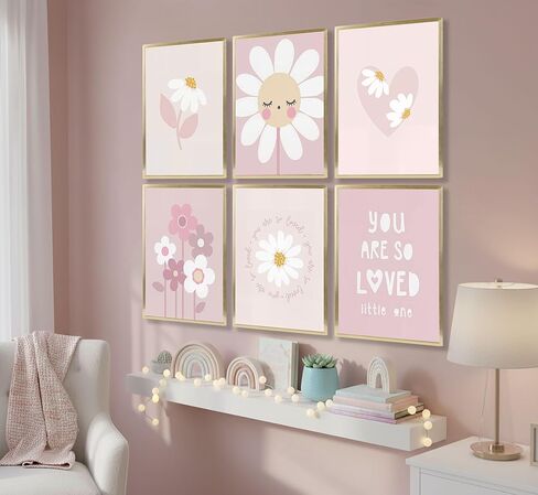 6 قطع من ملصقات الزهور الوردية للفتيات من القماش الكتاني لغرف الأطفال وزهرة الأقحوان البرية ومطبوعات لوحات بوهو لغرفة الأطفال وديكور الحائط للفتيات وغرفة المعيشة وغرفة النوم وتزيين المنزل بدون إطار in Kuwait
