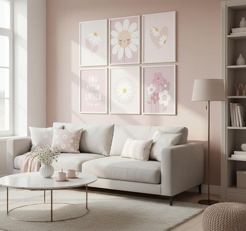 6 قطع من ملصقات الزهور الوردية للفتيات من القماش الكتاني لغرف الأطفال وزهرة الأقحوان البرية ومطبوعات لوحات بوهو لغرفة الأطفال وديكور الحائط للفتيات وغرفة المعيشة وغرفة النوم وتزيين المنزل بدون إطار in Kuwait