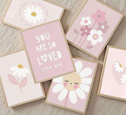 6 قطع من ملصقات الزهور الوردية للفتيات من القماش الكتاني لغرف الأطفال وزهرة الأقحوان البرية ومطبوعات لوحات بوهو لغرفة الأطفال وديكور الحائط للفتيات وغرفة المعيشة وغرفة النوم وتزيين المنزل بدون إطار in Kuwait