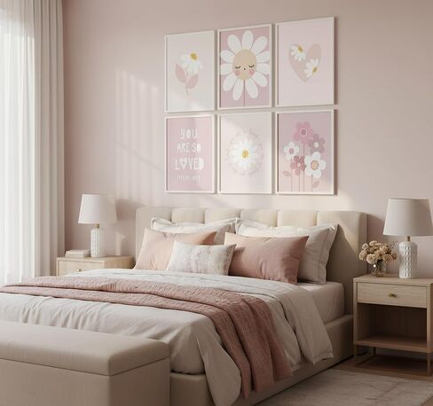 6 قطع من ملصقات الزهور الوردية للفتيات من القماش الكتاني لغرف الأطفال وزهرة الأقحوان البرية ومطبوعات لوحات بوهو لغرفة الأطفال وديكور الحائط للفتيات وغرفة المعيشة وغرفة النوم وتزيين المنزل بدون إطار in Kuwait