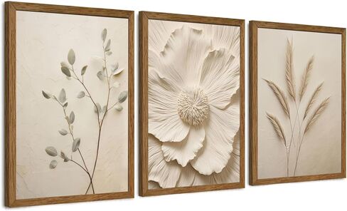 JLTULT 3 Piece Framed Neutral Beige Floral Canvas Wall Art, Modern Simple Texture Blossom Wall Decor, Vintage Botanical Flower Art Prints for Living Room Bedroom Farmhouse 12x16 inch Ready to Hang in Saudi Arabia