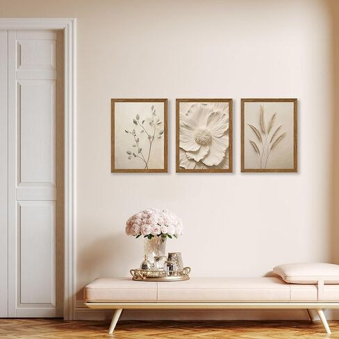 JLTULT 3 Piece Framed Neutral Beige Floral Canvas Wall Art, Modern Simple Texture Blossom Wall Decor, Vintage Botanical Flower Art Prints for Living Room Bedroom Farmhouse 12x16 inch Ready to Hang in Saudi Arabia