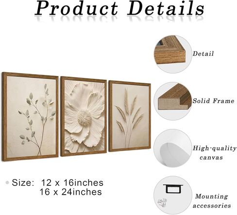 JLTULT 3 Piece Framed Neutral Beige Floral Canvas Wall Art, Modern Simple Texture Blossom Wall Decor, Vintage Botanical Flower Art Prints for Living Room Bedroom Farmhouse 12x16 inch Ready to Hang in Saudi Arabia