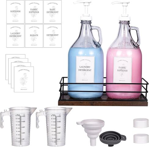2 Pcs Glass Liquid Laundry Detergent Dispenser, Half Gallon Dispenser for Laundry Room (64 oz. Each), Laundry Detergent Bottles with Pump Dispenser -Includes Labels, Measuring Cups,Wooden Stand(Wood) in Saudi Arabia