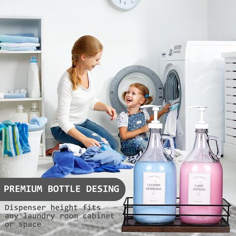 2 Pcs Glass Liquid Laundry Detergent Dispenser, Half Gallon Dispenser for Laundry Room (64 oz. Each), Laundry Detergent Bottles with Pump Dispenser -Includes Labels, Measuring Cups,Wooden Stand(Wood) in Saudi Arabia