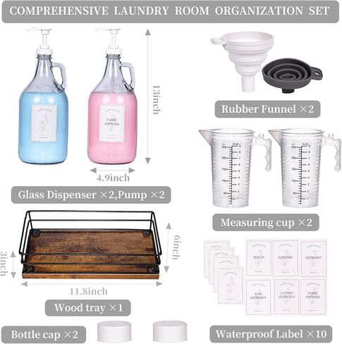2 Pcs Glass Liquid Laundry Detergent Dispenser, Half Gallon Dispenser for Laundry Room (64 oz. Each), Laundry Detergent Bottles with Pump Dispenser -Includes Labels, Measuring Cups,Wooden Stand(Wood) in Saudi Arabia