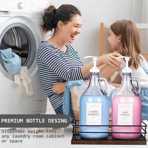 2 Pcs Glass Liquid Laundry Detergent Dispenser, Half Gallon Dispenser for Laundry Room (64 oz. Each), Laundry Detergent Bottles with Pump Dispenser -Includes Labels, Measuring Cups,Wooden Stand(Wood) in Saudi Arabia