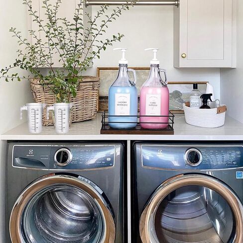 2 Pcs Glass Liquid Laundry Detergent Dispenser, Half Gallon Dispenser for Laundry Room (64 oz. Each), Laundry Detergent Bottles with Pump Dispenser -Includes Labels, Measuring Cups,Wooden Stand(Wood) in Saudi Arabia