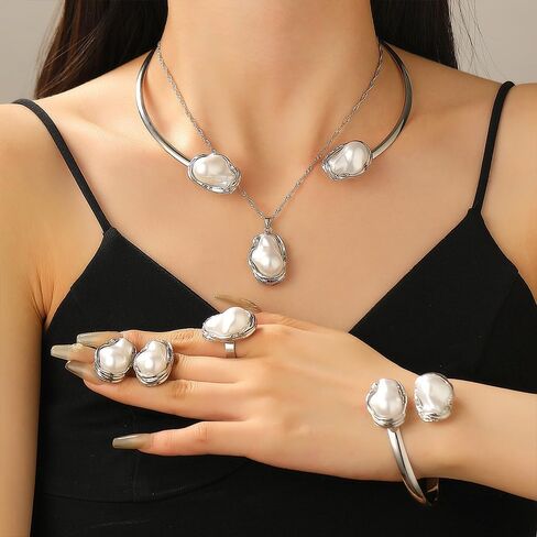 Gold Baroque Pearl Jewelry Set for Women Large Geometric Pearls Choker Necklace Adjustable Cuffs Bracelets Irregular Open Rings Fashion Accessories in Saudi Arabia