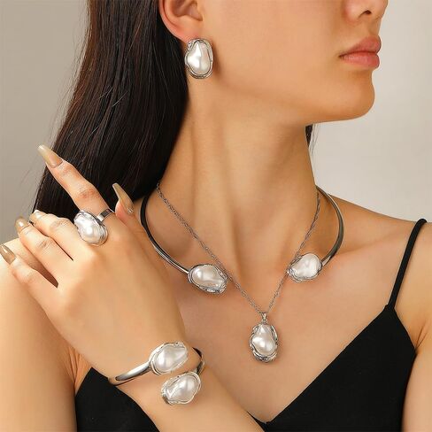 Gold Baroque Pearl Jewelry Set for Women Large Geometric Pearls Choker Necklace Adjustable Cuffs Bracelets Irregular Open Rings Fashion Accessories in Saudi Arabia