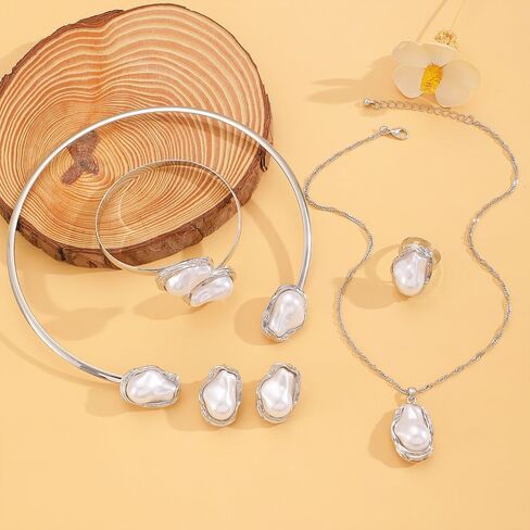 Gold Baroque Pearl Jewelry Set for Women Large Geometric Pearls Choker Necklace Adjustable Cuffs Bracelets Irregular Open Rings Fashion Accessories in Saudi Arabia