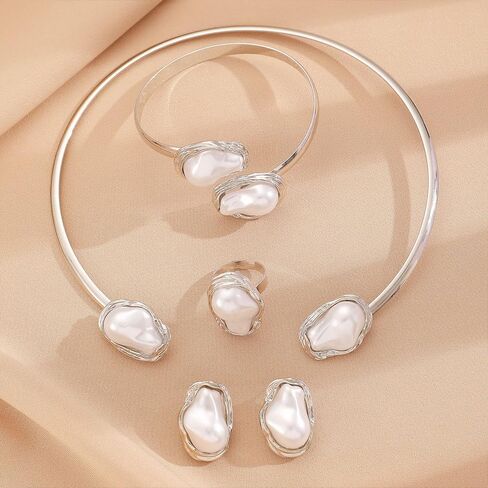 Gold Baroque Pearl Jewelry Set for Women Large Geometric Pearls Choker Necklace Adjustable Cuffs Bracelets Irregular Open Rings Fashion Accessories in Saudi Arabia