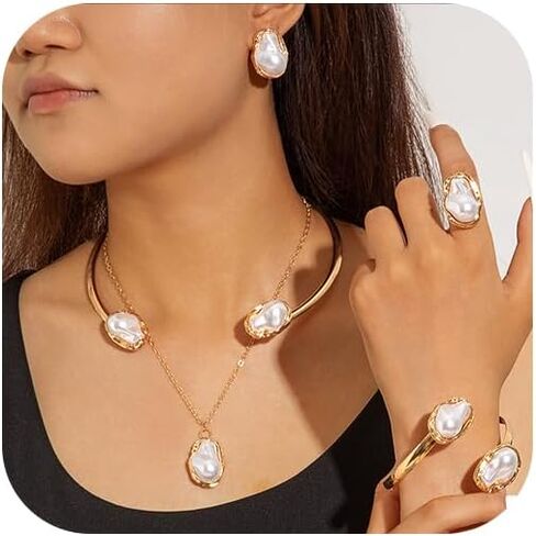 Gold Baroque Pearl Jewelry Set for Women Large Geometric Pearls Choker Necklace Adjustable Cuffs Bracelets Irregular Open Rings Fashion Accessories in Saudi Arabia