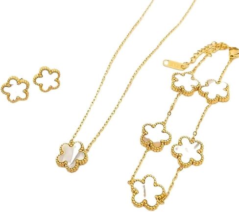 مجموعة مجوهرات BECHEBV Clover من الفولاذ المقاوم للصدأ مطلية بالذهب عيار 18 قيراط للسيدات مكونة من قلادة وسوار وأقراط وقلادة ذهبية in Saudi Arabia
