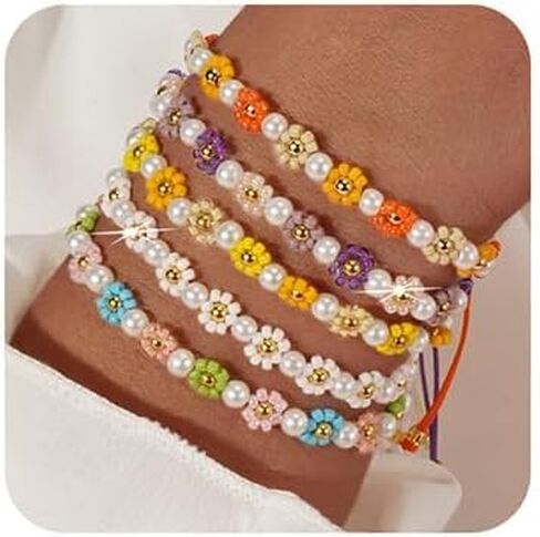 Ustome Colorful Daisy Flower 5Pcs Stack Gold Seed Bead Bracelets Set for Women, Boho Cute Floral Lucky Rope Freshwater Pearl Adjustable String Jewelry, Spring Summer Wedding Friendship Gift in Saudi Arabia