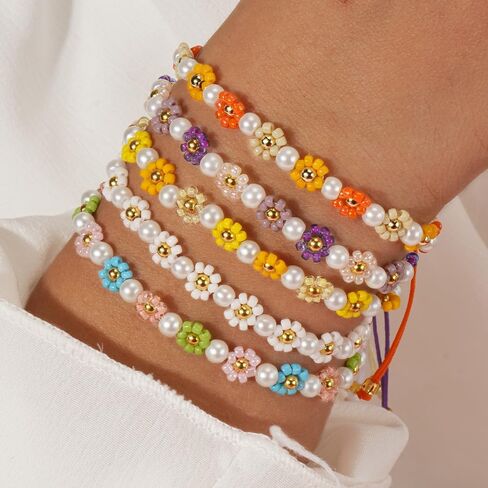 Ustome Colorful Daisy Flower 5Pcs Stack Gold Seed Bead Bracelets Set for Women, Boho Cute Floral Lucky Rope Freshwater Pearl Adjustable String Jewelry, Spring Summer Wedding Friendship Gift in Saudi Arabia