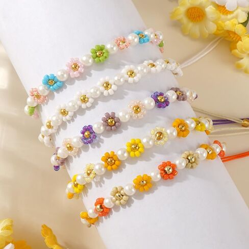 Ustome Colorful Daisy Flower 5Pcs Stack Gold Seed Bead Bracelets Set for Women, Boho Cute Floral Lucky Rope Freshwater Pearl Adjustable String Jewelry, Spring Summer Wedding Friendship Gift in Saudi Arabia