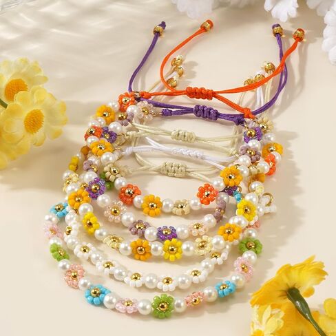 Ustome Colorful Daisy Flower 5Pcs Stack Gold Seed Bead Bracelets Set for Women, Boho Cute Floral Lucky Rope Freshwater Pearl Adjustable String Jewelry, Spring Summer Wedding Friendship Gift in Saudi Arabia