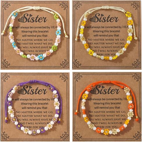 Ustome Colorful Daisy Flower 5Pcs Stack Gold Seed Bead Bracelets Set for Women, Boho Cute Floral Lucky Rope Freshwater Pearl Adjustable String Jewelry, Spring Summer Wedding Friendship Gift in Saudi Arabia