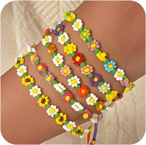 Ustome Colorful Daisy Flower 5Pcs Stack Gold Seed Bead Bracelets Set for Women, Boho Cute Floral Lucky Rope Freshwater Pearl Adjustable String Jewelry, Spring Summer Wedding Friendship Gift in Saudi Arabia
