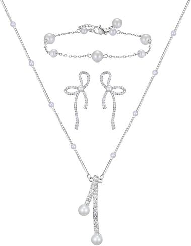 SWEETV Pearl Bridal Jewelry Set for Wedding, Bow Necklace and Earring Sets for Women Bridal Bridesmaid, Cubic Zirconia Silver Jewelry Set Wedding Prom Anniversary Jewelry Gifts in Saudi Arabia