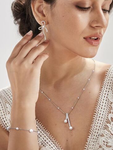 SWEETV Pearl Bridal Jewelry Set for Wedding, Bow Necklace and Earring Sets for Women Bridal Bridesmaid, Cubic Zirconia Silver Jewelry Set Wedding Prom Anniversary Jewelry Gifts in Saudi Arabia