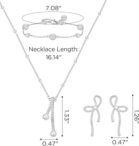 SWEETV Pearl Bridal Jewelry Set for Wedding, Bow Necklace and Earring Sets for Women Bridal Bridesmaid, Cubic Zirconia Silver Jewelry Set Wedding Prom Anniversary Jewelry Gifts in Saudi Arabia