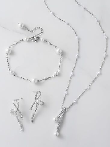 SWEETV Pearl Bridal Jewelry Set for Wedding, Bow Necklace and Earring Sets for Women Bridal Bridesmaid, Cubic Zirconia Silver Jewelry Set Wedding Prom Anniversary Jewelry Gifts in Saudi Arabia