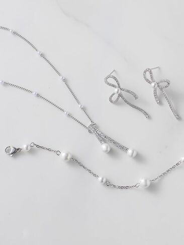 SWEETV Pearl Bridal Jewelry Set for Wedding, Bow Necklace and Earring Sets for Women Bridal Bridesmaid, Cubic Zirconia Silver Jewelry Set Wedding Prom Anniversary Jewelry Gifts in Saudi Arabia