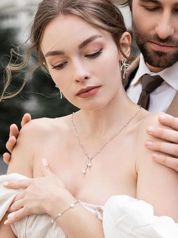 SWEETV Pearl Bridal Jewelry Set for Wedding, Bow Necklace and Earring Sets for Women Bridal Bridesmaid, Cubic Zirconia Silver Jewelry Set Wedding Prom Anniversary Jewelry Gifts in Saudi Arabia