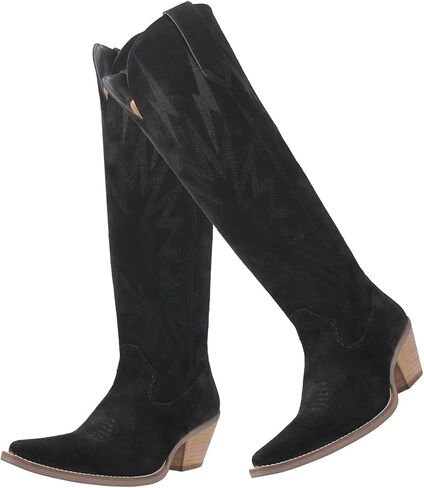 SHODENSE Women Suede Knee High Cowgirl Cowboy Boots Embroidered Stacked Heel Pointed Toe Tall Western Boots Pull On Wide Calf Low Chunky Heel Dress Long Boots Vintage Chic 4-11 M US in Saudi Arabia