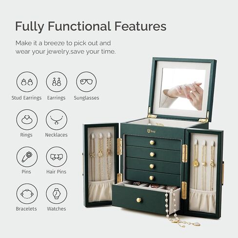 BIQI MUSSE Jewelry Box for Women, 6-Tier Large Jewelry Organizer Box with Mirror, 5 Drawers for Rings Earrings Necklace Bracelets, Exquisite Metal Handle, Dark Green in Saudi Arabia