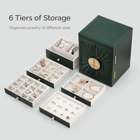 BIQI MUSSE Jewelry Box for Women, 6-Tier Large Jewelry Organizer Box with Mirror, 5 Drawers for Rings Earrings Necklace Bracelets, Exquisite Metal Handle, Dark Green in Saudi Arabia