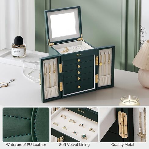 BIQI MUSSE Jewelry Box for Women, 6-Tier Large Jewelry Organizer Box with Mirror, 5 Drawers for Rings Earrings Necklace Bracelets, Exquisite Metal Handle, Dark Green in Saudi Arabia