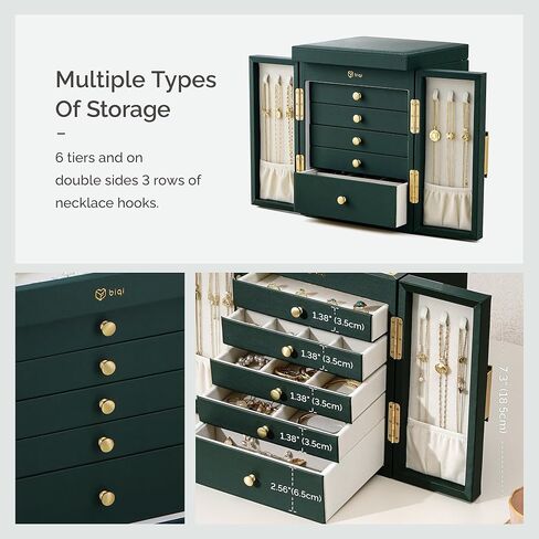 BIQI MUSSE Jewelry Box for Women, 6-Tier Large Jewelry Organizer Box with Mirror, 5 Drawers for Rings Earrings Necklace Bracelets, Exquisite Metal Handle, Dark Green in Saudi Arabia