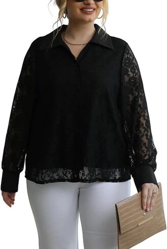 Plus Size Floral Mesh Lantern Sleeve Blouse for Women, Ruffle Shoulder Sexy See-Through Long Sleeve Crew Neck Shirt in Saudi Arabia