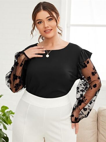 Plus Size Floral Mesh Lantern Sleeve Blouse for Women, Ruffle Shoulder Sexy See-Through Long Sleeve Crew Neck Shirt in Saudi Arabia