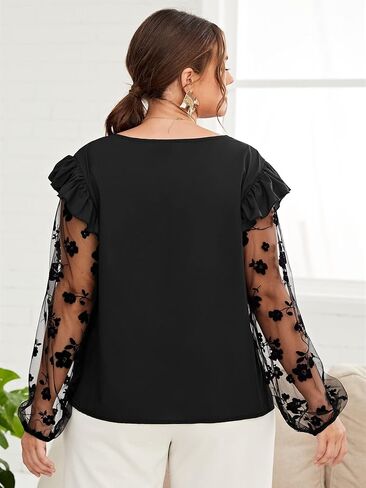 Plus Size Floral Mesh Lantern Sleeve Blouse for Women, Ruffle Shoulder Sexy See-Through Long Sleeve Crew Neck Shirt in Saudi Arabia