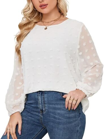 Plus Size Floral Mesh Lantern Sleeve Blouse for Women, Ruffle Shoulder Sexy See-Through Long Sleeve Crew Neck Shirt in Saudi Arabia