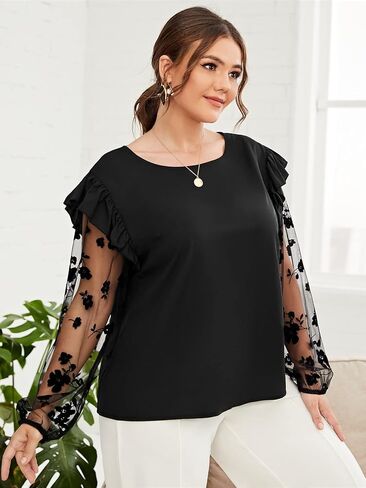 Plus Size Floral Mesh Lantern Sleeve Blouse for Women, Ruffle Shoulder Sexy See-Through Long Sleeve Crew Neck Shirt in Saudi Arabia