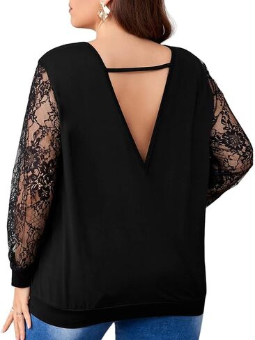 Plus Size Floral Mesh Lantern Sleeve Blouse for Women, Ruffle Shoulder Sexy See-Through Long Sleeve Crew Neck Shirt in Saudi Arabia