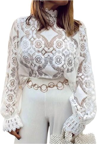 GORGLITTER Women's Flower Embroidered Fall Tops Dressy Casual Flounce Long Sleeve Shirts Hollow Out Mock Neck Blouses in Saudi Arabia
