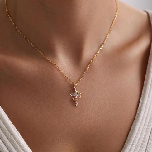 Moodear Cross Necklace for Women Trendy 14K Gold Plated Cross Pendant Necklace Dainty Cross Crown Rose Heart Charm Necklace for Women Fashion Religious Simple Gold Jewelry Gift in Saudi Arabia