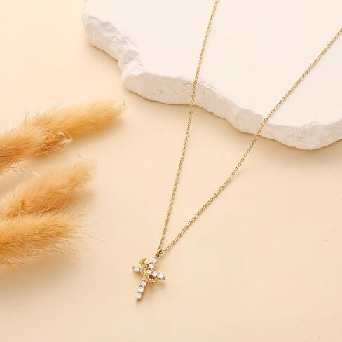 Moodear Cross Necklace for Women Trendy 14K Gold Plated Cross Pendant Necklace Dainty Cross Crown Rose Heart Charm Necklace for Women Fashion Religious Simple Gold Jewelry Gift in Saudi Arabia
