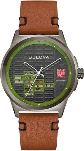 Bulova Men's Automatic Frank Lloyd Wright 'Toufic H. Kalil House', Ion-Plated Stainless Steel Case with Leather Strap, Special Patterned Dial & Exhibition Case Back (Style: 98A330) in Saudi Arabia