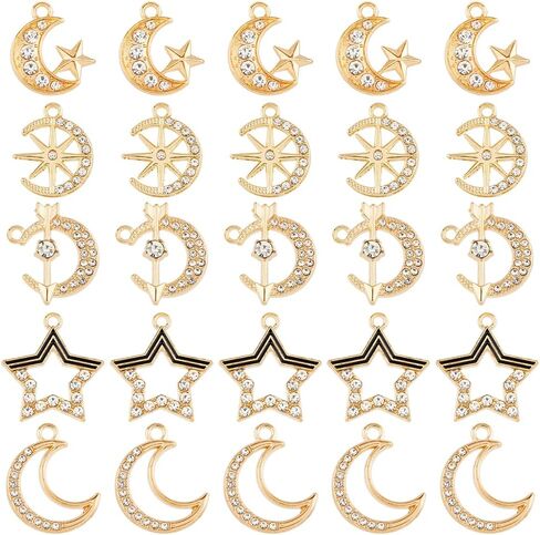 24pcs 6 Styles Moon Sun Star Connectors سحر 24 كيلو بايت مطلي بالذهب سحر الروابط النحاسية سحر قلادة ثقب مزدوج صغير لأساور DIY وصنع المجوهرات in Kuwait